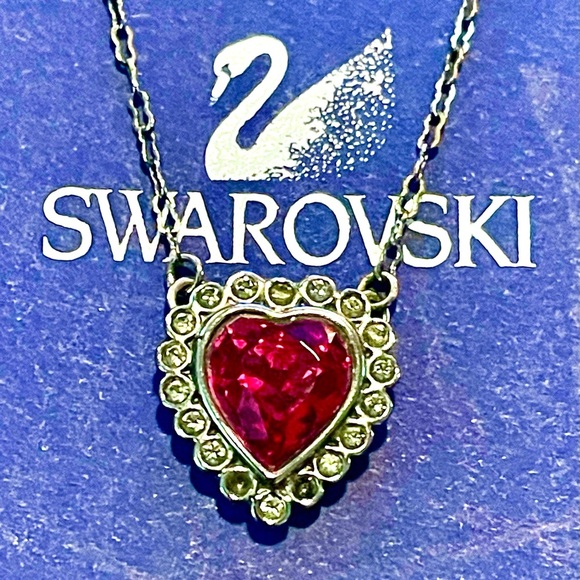 Swarovski Red Heart Crystal Necklace Mid-2000s w/ Original Box, Rhodium Chain - Picture 2 of 10